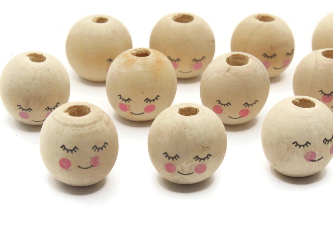 12 17mm Cute Smiling Face with Eye Lashes Doll Head Round Natural Wood Large Hole Beads